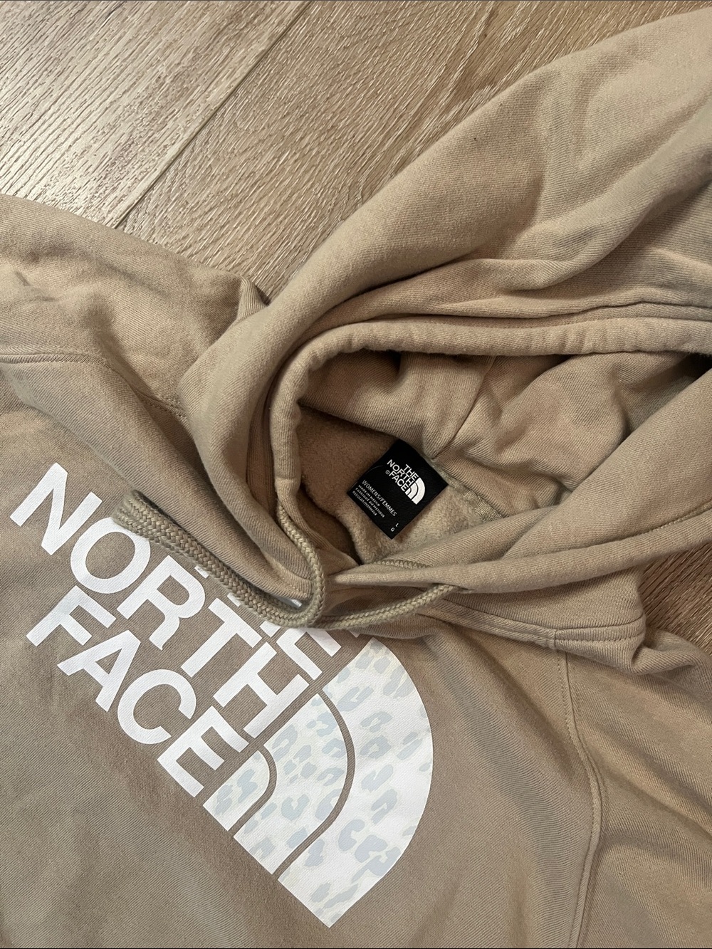 The North Face - Tan Graphic Logo Hoodie w/Animal Print, Good Condition! Size L.